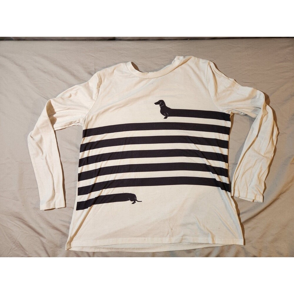 Womens Fashion Dachshund Black & White Stripe Wiener Dog Print Long Sleeve Top